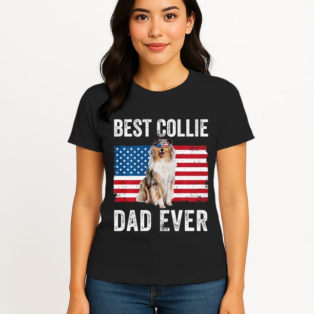 Rough Collie Dad American Flag Collie Dog Lover Owner Funny Womens T-Shirt