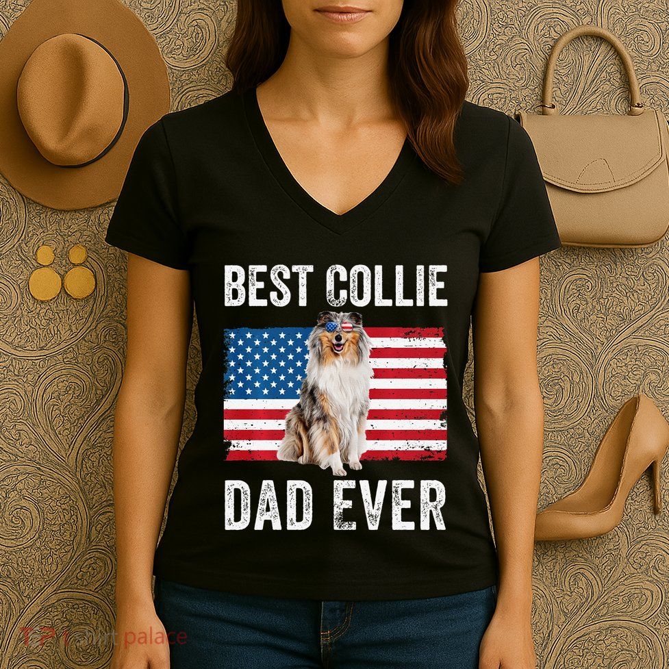 Rough Collie Dad American Flag Collie Dog Lover Owner Funny Women's V-Neck T-Shirt