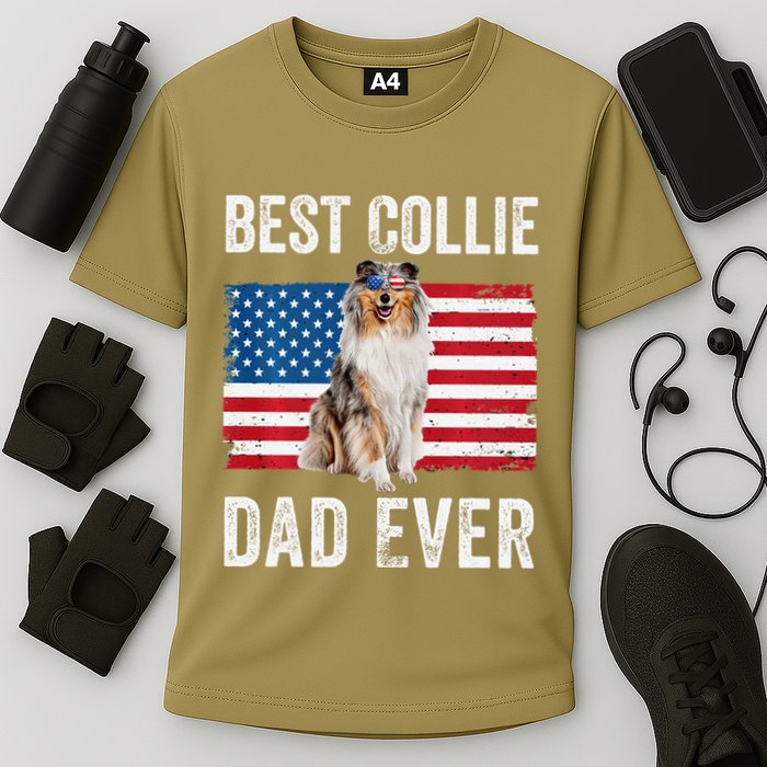 Rough Collie Dad American Flag Collie Dog Lover Owner Funny Cooling Performance Crew T-Shirt