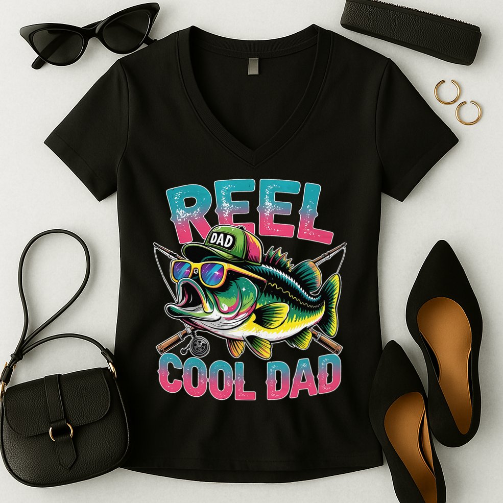 Reel Cool Dad Fishing Fisher Funny Fisherman Fathers Day Women's V-Neck T-Shirt