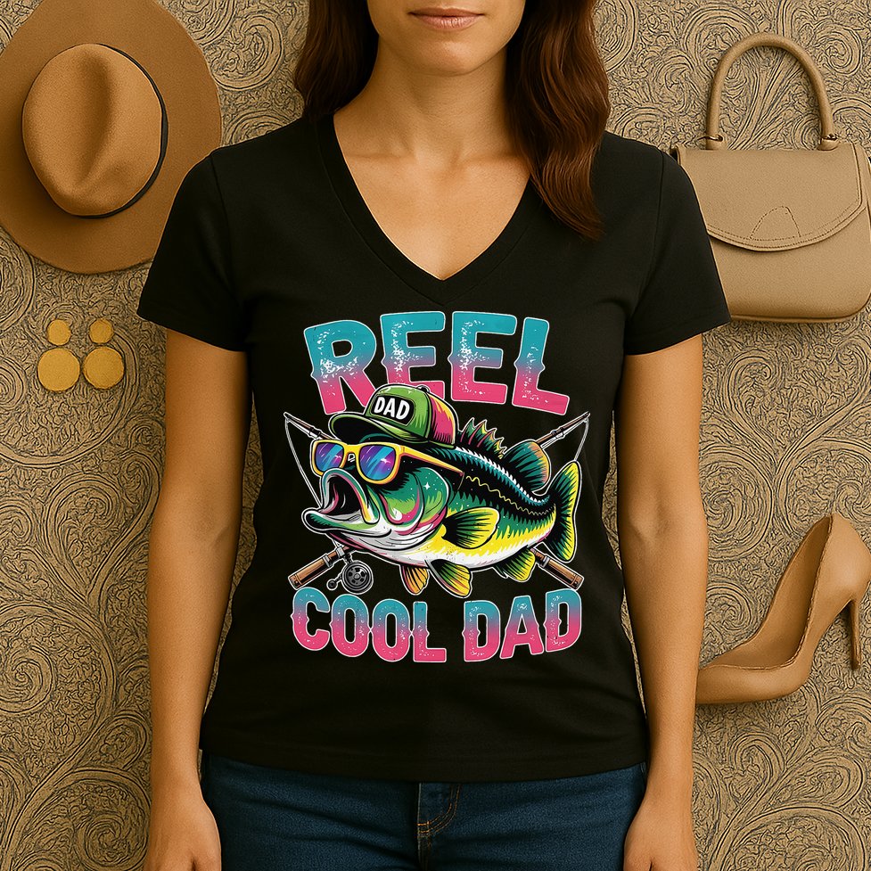 Reel Cool Dad Fishing Fisher Funny Fisherman Fathers Day Women's V-Neck T-Shirt