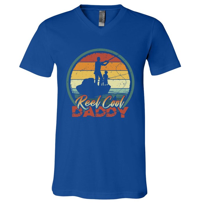 Reel Cool Daddy Cool Gift Cool Retro Vintage Fishing Family Funny Gift V-Neck T-Shirt