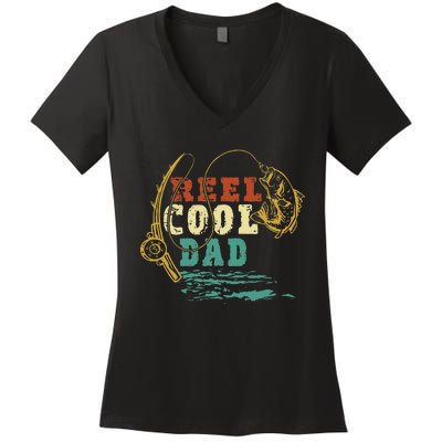 Reel Cool Dad Vintage Fishing Fathers Day Daddy Fisherman Women's V-Neck T-Shirt