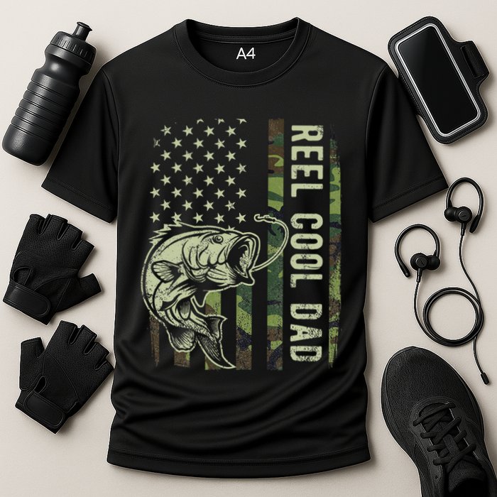 Reel Cool Dad Camouflage American Flag Cooling Performance Crew T-Shirt