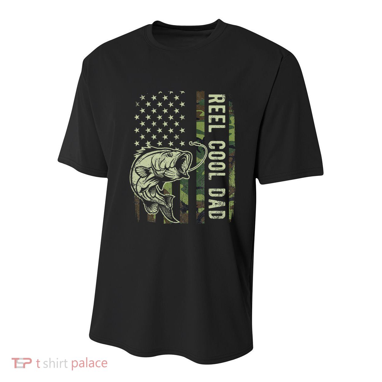 Reel Cool Dad Camouflage American Flag Youth Performance Sprint T-Shirt