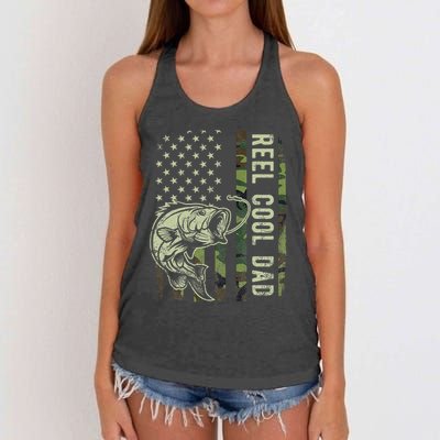 Reel Cool Dad Camouflage American Flag Women's Knotted Racerback Tank