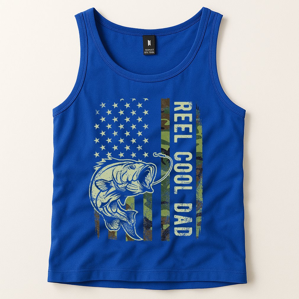 Reel Cool Dad Camouflage American Flag Tank Top