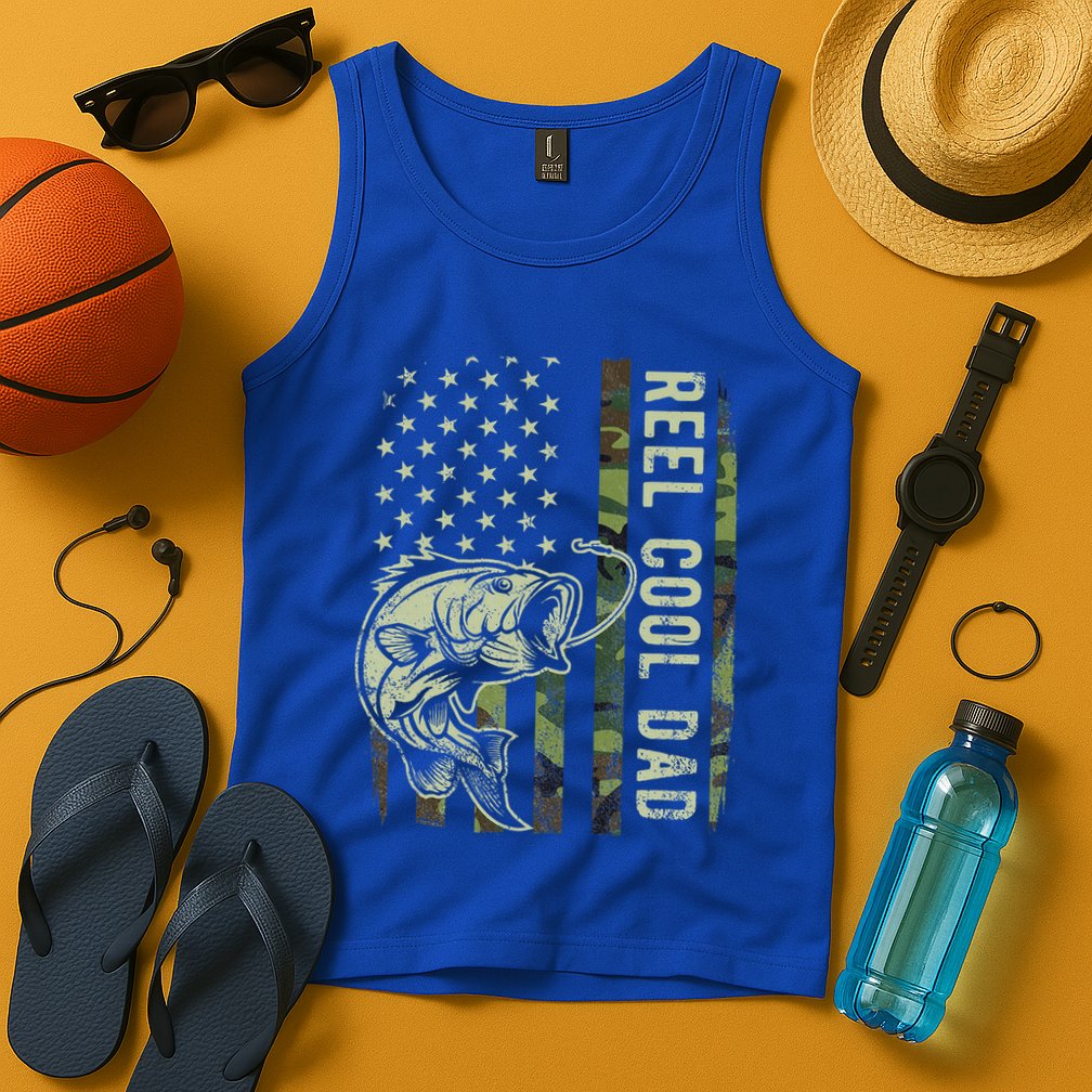 Reel Cool Dad Camouflage American Flag Tank Top