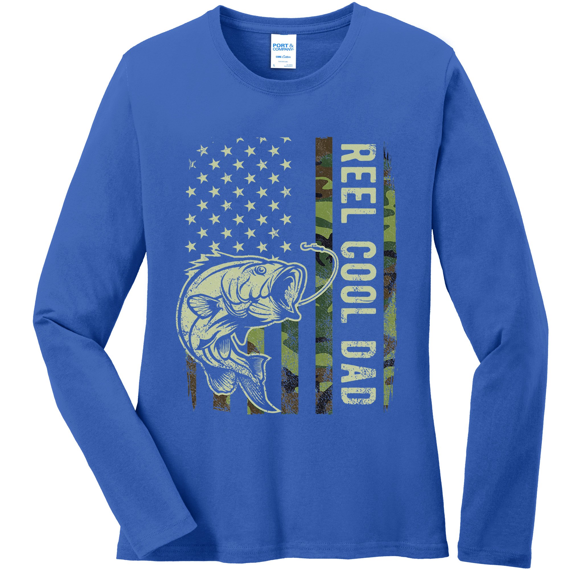 Reel Cool Dad Camouflage American Flag Ladies Long Sleeve Shirt