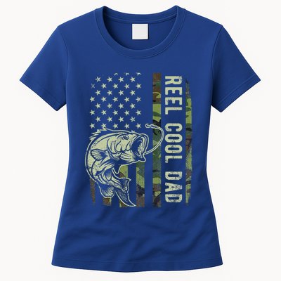 Reel Cool Dad Camouflage American Flag Womens T-Shirt