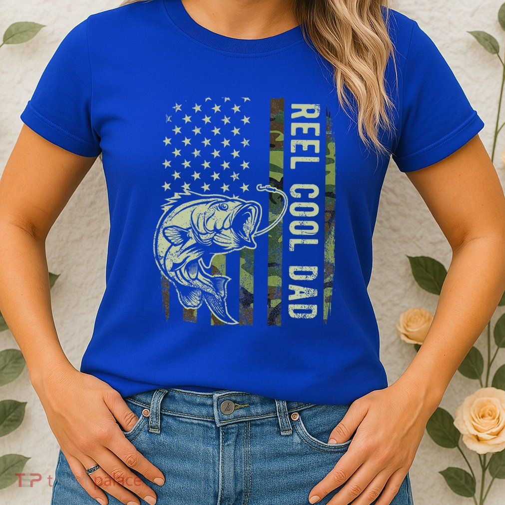 Reel Cool Dad Camouflage American Flag Womens T-Shirt