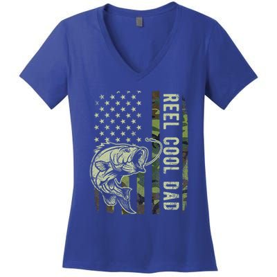 Reel Cool Dad Camouflage American Flag Women's V-Neck T-Shirt