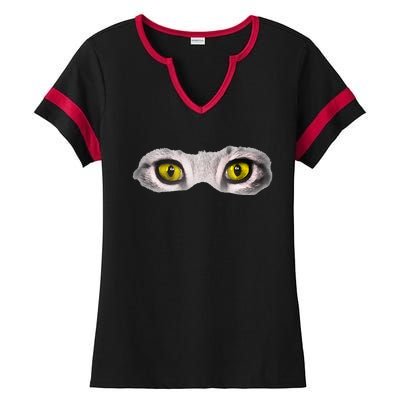 Realistic Cat Eyes Kitty Feline Graphic Art Black Halloween Ladies Halftime Notch Neck Tee