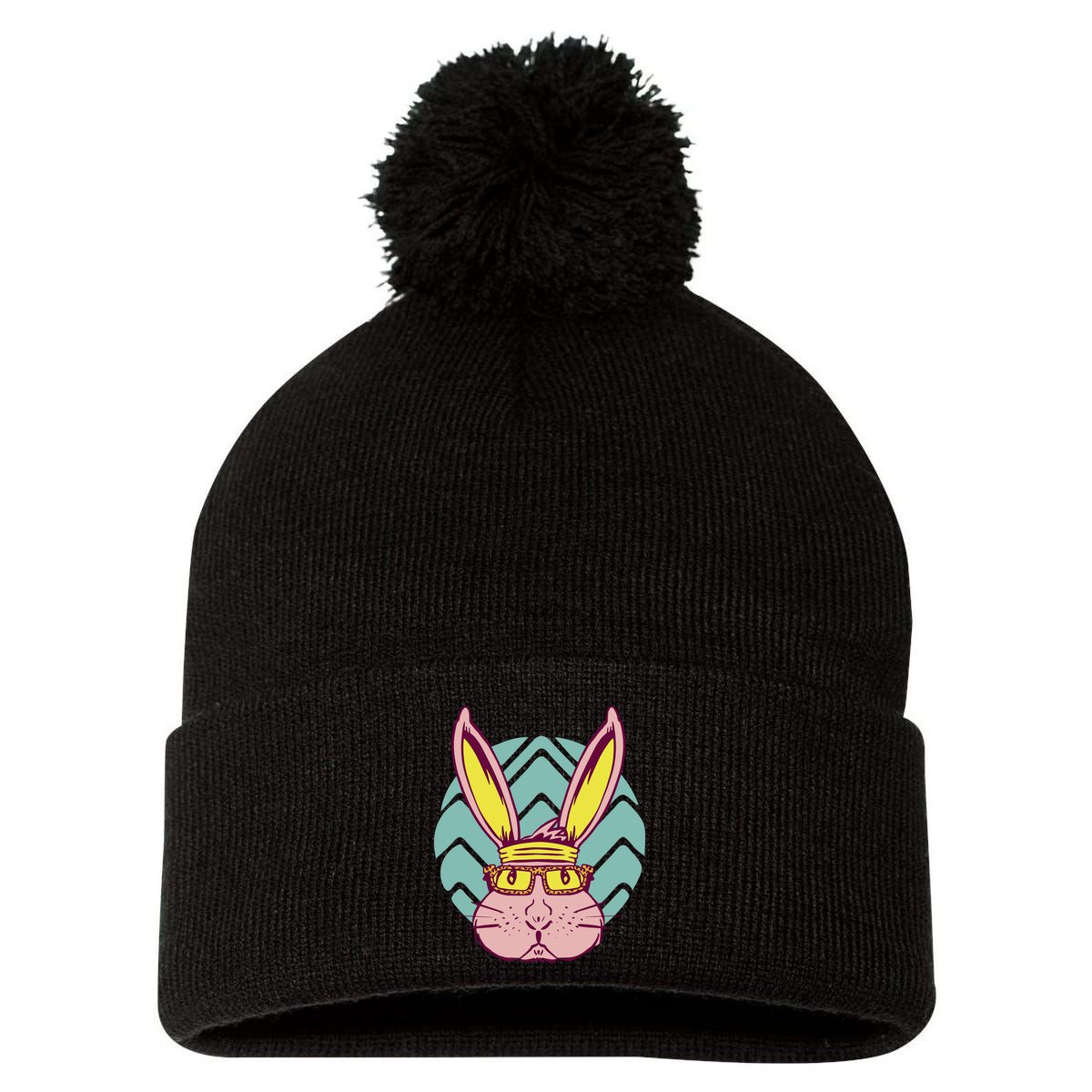 Retro Cool Easter Bunny Pom Pom 12in Knit Beanie