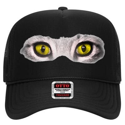 Realistic Cat Eyes Kitty Feline Graphic Art Black Halloween High Crown Mesh Back Trucker Hat