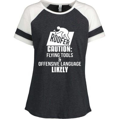 Roofer Caution Flying Tools And Offensive Language Enza Ladies Jersey Colorblock Tee