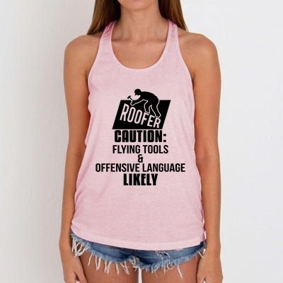 Roofer Caution Flying Tools And Offensive Language Women's Knotted Racerback Tank