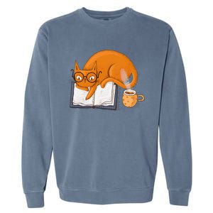 Reading Cat Funny Book & Coffee Lover Garment-Dyed Sweatshirt