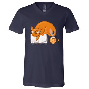 Reading Cat Funny Book & Coffee Lover V-Neck T-Shirt