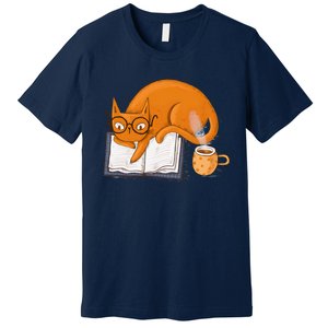 Reading Cat Funny Book & Coffee Lover Premium T-Shirt