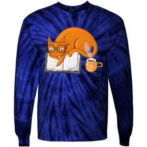 Reading Cat Funny Book & Coffee Lover Tie-Dye Long Sleeve Shirt