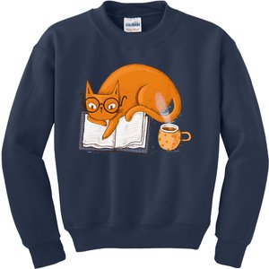 Reading Cat Funny Book & Coffee Lover Kids Sweatshirt