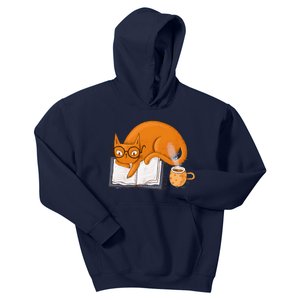 Reading Cat Funny Book & Coffee Lover Kids Hoodie