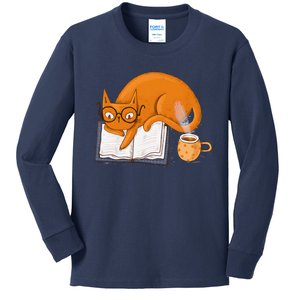 Reading Cat Funny Book & Coffee Lover Kids Long Sleeve Shirt