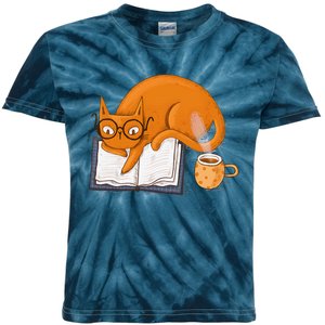 Reading Cat Funny Book & Coffee Lover Kids Tie-Dye T-Shirt