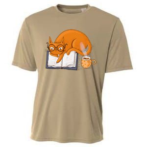 Reading Cat Funny Book & Coffee Lover Cooling Performance Crew T-Shirt