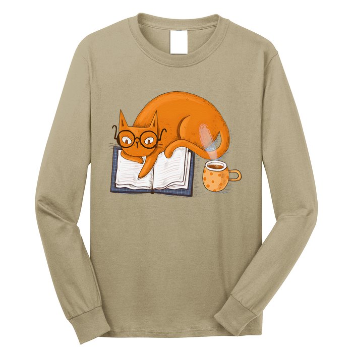 Reading Cat Funny Book & Coffee Lover Long Sleeve Shirt