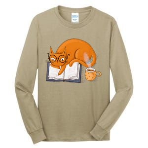 Reading Cat Funny Book & Coffee Lover Tall Long Sleeve T-Shirt