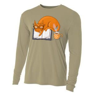 Reading Cat Funny Book & Coffee Lover Cooling Performance Long Sleeve Crew