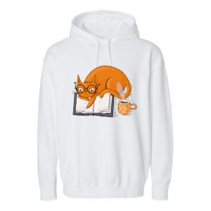 Reading Cat Funny Book & Coffee Lover Garment-Dyed Fleece Hoodie