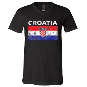 Retro Croatia Flag Croatian Travel Souvenir V-Neck T-Shirt