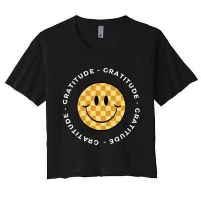 Retro Checkered Face Retro Groovy Gratitude Women's Crop Top Tee