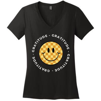 Retro Checkered Face Retro Groovy Gratitude Women's V-Neck T-Shirt