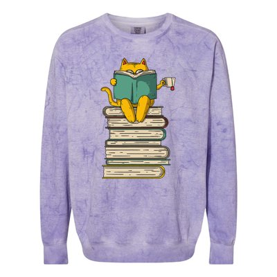 Reading Cat Funny Book & Tea Lover Gift Colorblast Crewneck Sweatshirt