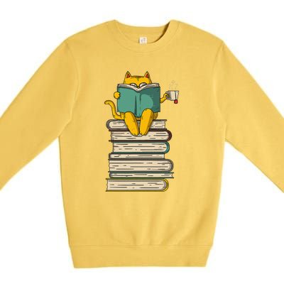 Reading Cat Funny Book & Tea Lover Gift Premium Crewneck Sweatshirt