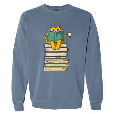 Reading Cat Funny Book & Tea Lover Gift Garment-Dyed Sweatshirt