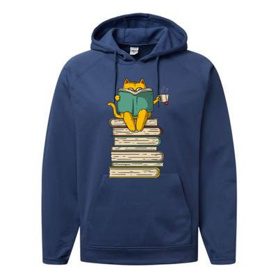 Reading Cat Funny Book & Tea Lover Gift Performance Fleece Hoodie