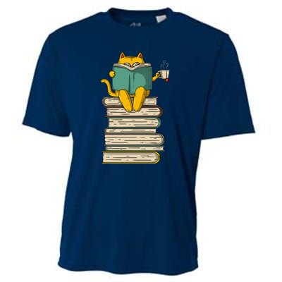 Reading Cat Funny Book & Tea Lover Gift Cooling Performance Crew T-Shirt