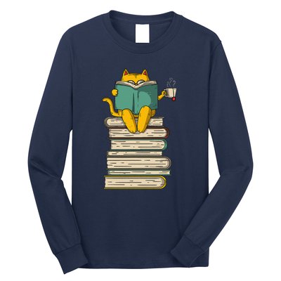 Reading Cat Funny Book & Tea Lover Gift Long Sleeve Shirt