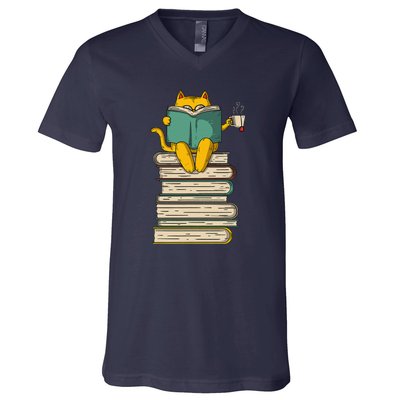 Reading Cat Funny Book & Tea Lover Gift V-Neck T-Shirt