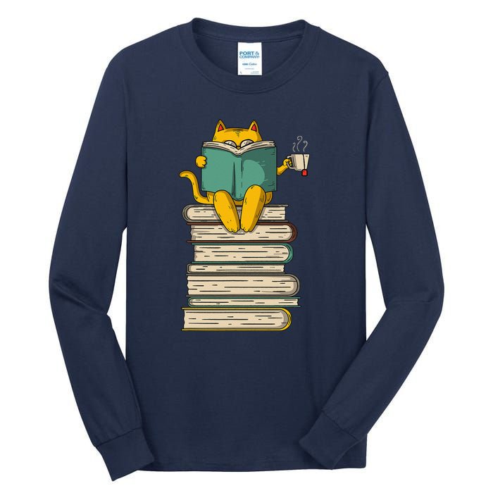 Reading Cat Funny Book & Tea Lover Gift Tall Long Sleeve T-Shirt