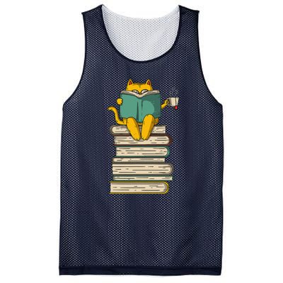 Reading Cat Funny Book & Tea Lover Gift Mesh Reversible Basketball Jersey Tank