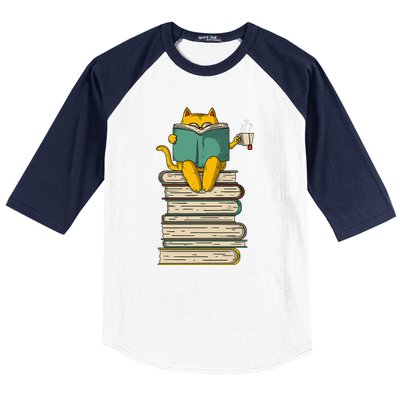 Reading Cat Funny Book & Tea Lover Gift Baseball Sleeve Shirt