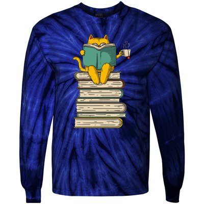 Reading Cat Funny Book & Tea Lover Gift Tie-Dye Long Sleeve Shirt