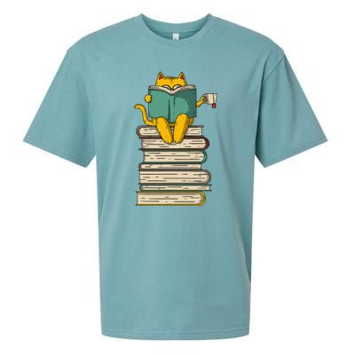 Reading Cat Funny Book & Tea Lover Gift Sueded Cloud Jersey T-Shirt