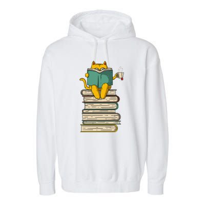 Reading Cat Funny Book & Tea Lover Gift Garment-Dyed Fleece Hoodie